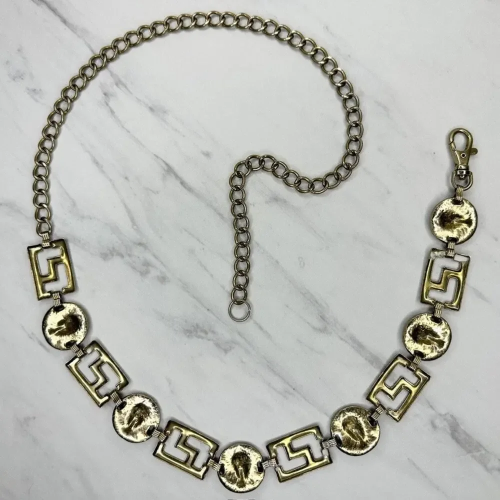 Vintage Gold Lion Head Greek Key Medallion Chain Link Belt Small/Medium (S/M) ✨
